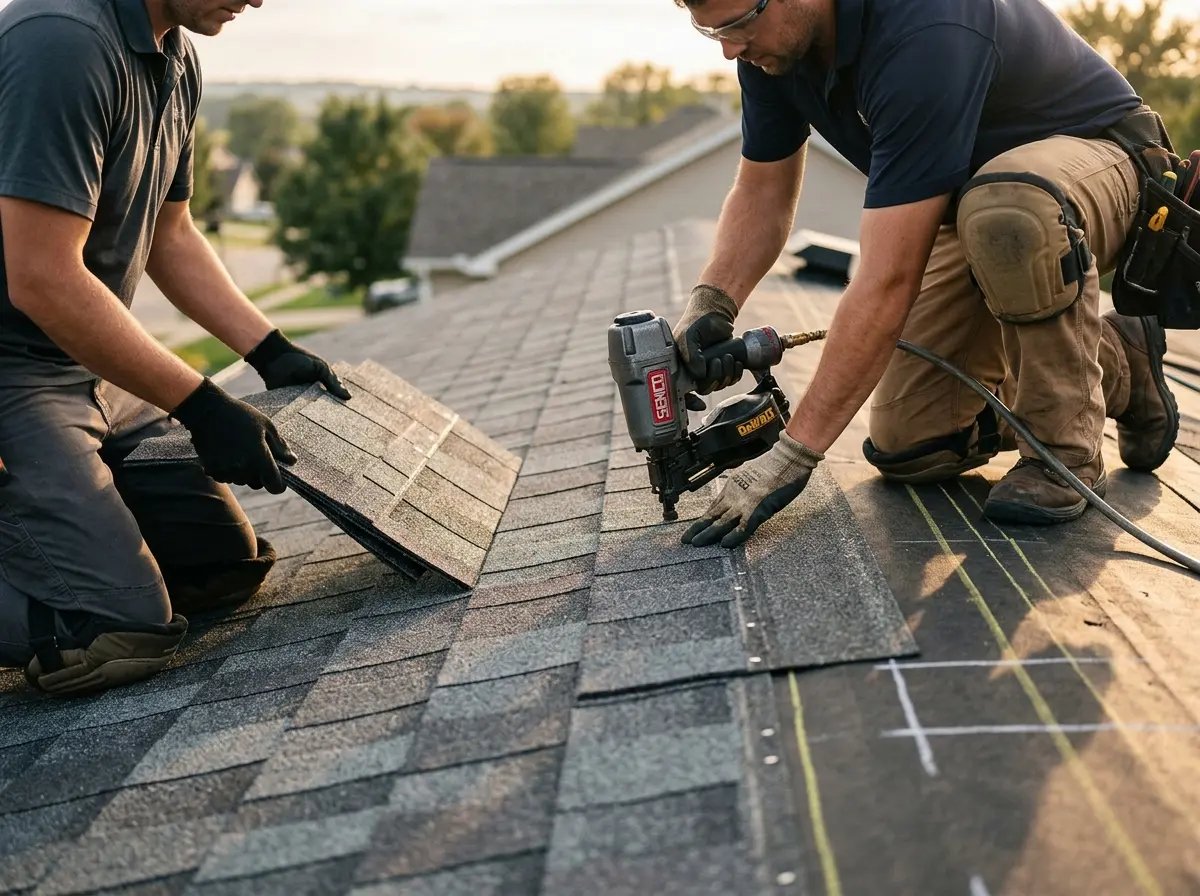Professional roofer working on a residential roof in Huntington Beach